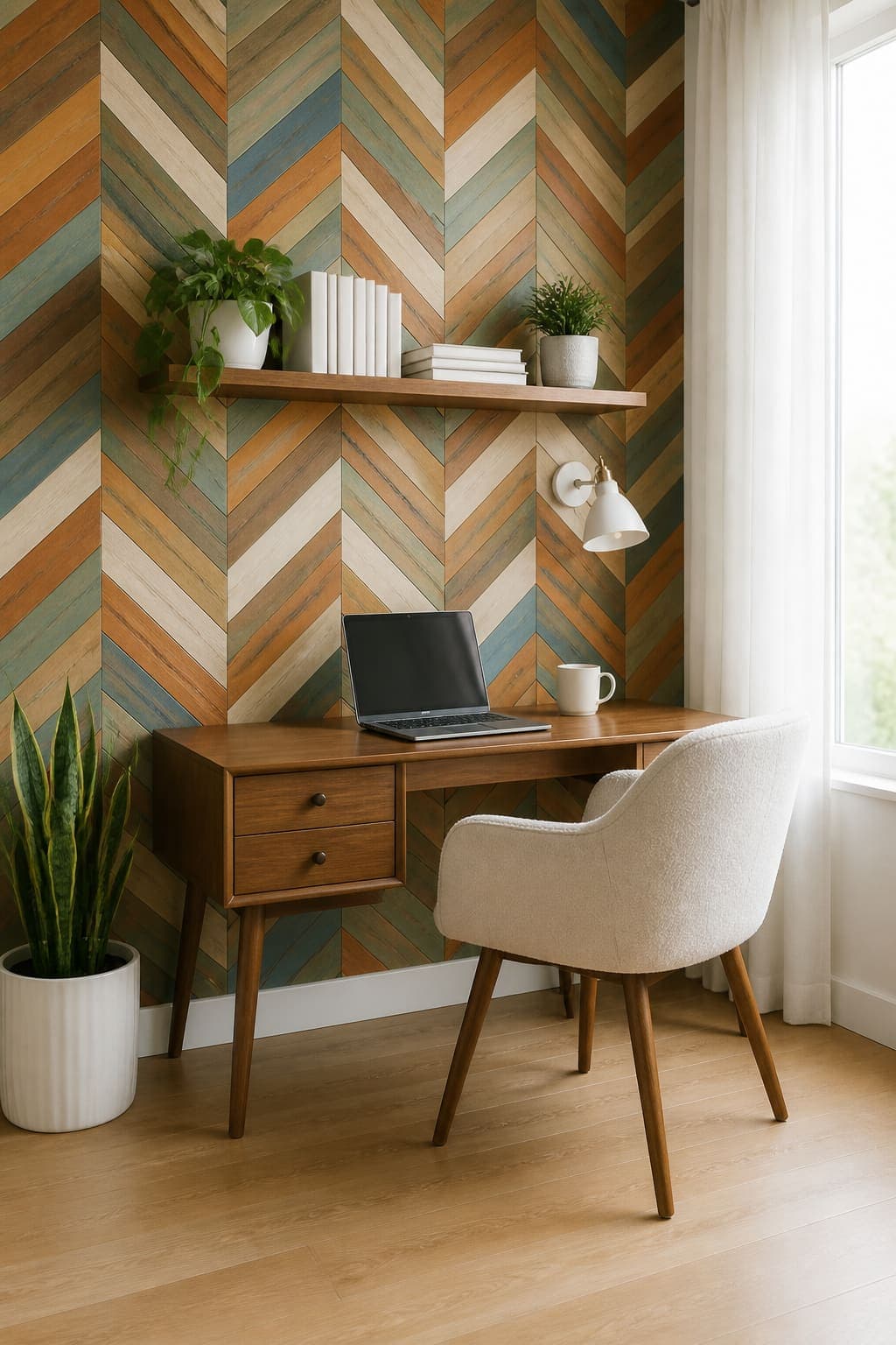 Solid wood desk with chair and floating shelf